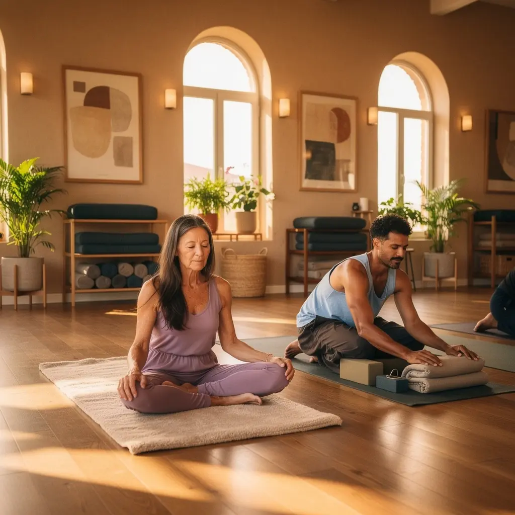 Un espacio acogedor del centro de yoga, decorado con colores suaves y elementos naturales, ideal para la relajación y la sanación.