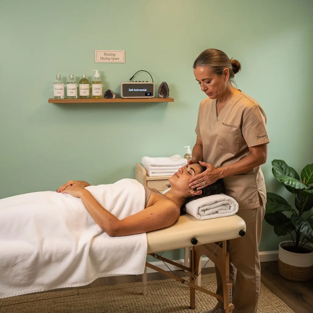 Un instructor guiando a los participantes en ejercicios de respiración y meditación, rodeado de velas y plantas.