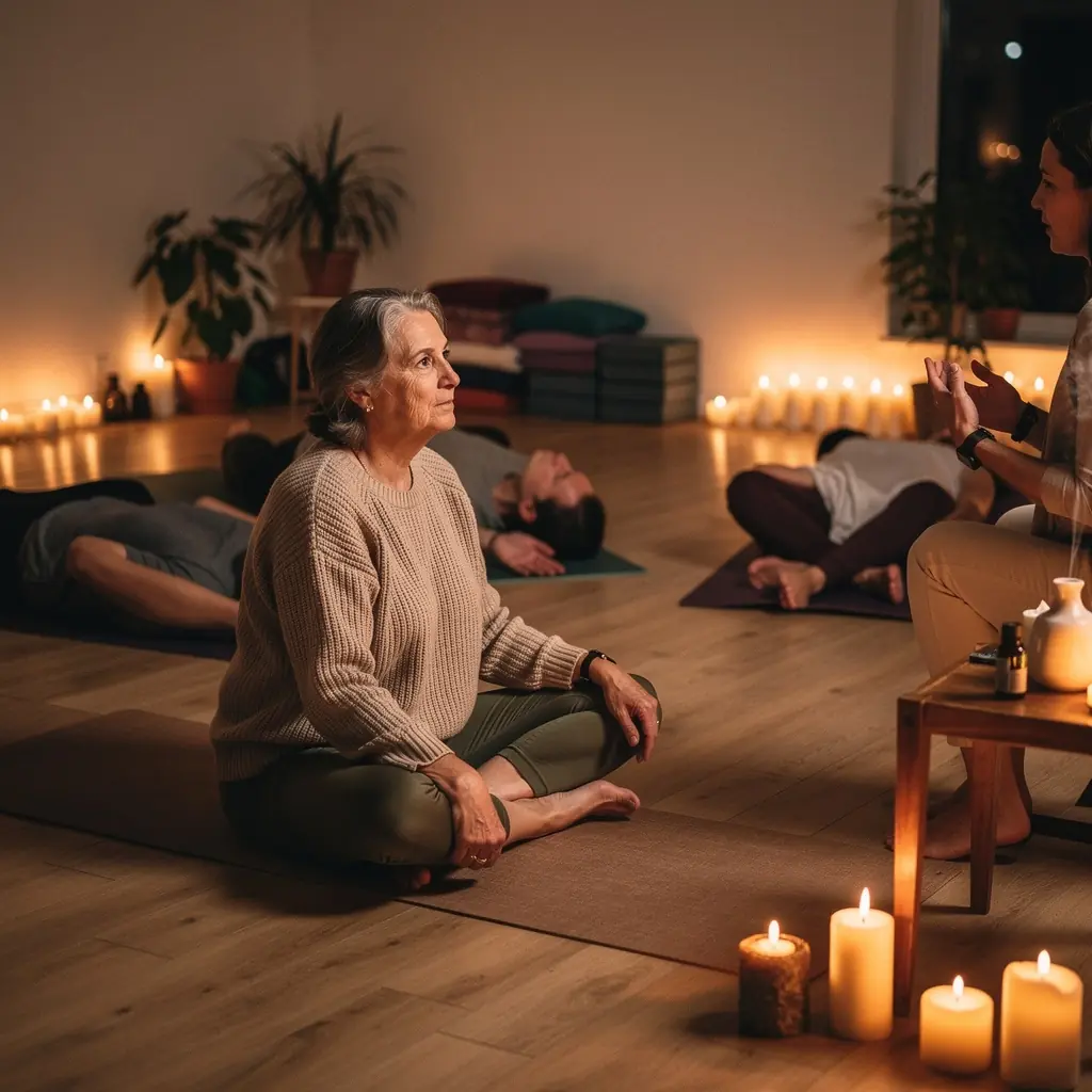 Un instructor guiando a los participantes en técnicas de respiración y meditación en un espacio iluminado.