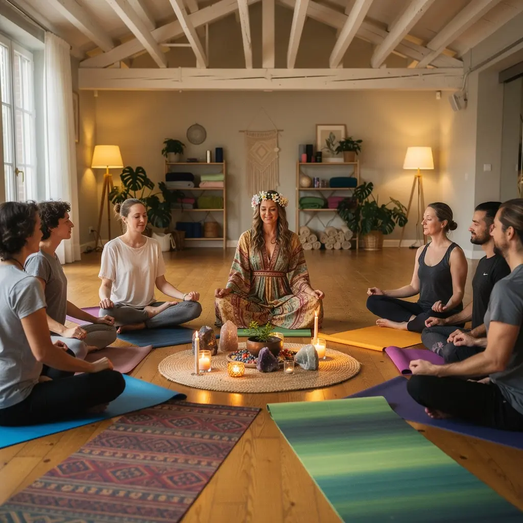 Un instructor guiando a los participantes en técnicas de respiración y meditación en un espacio iluminado.