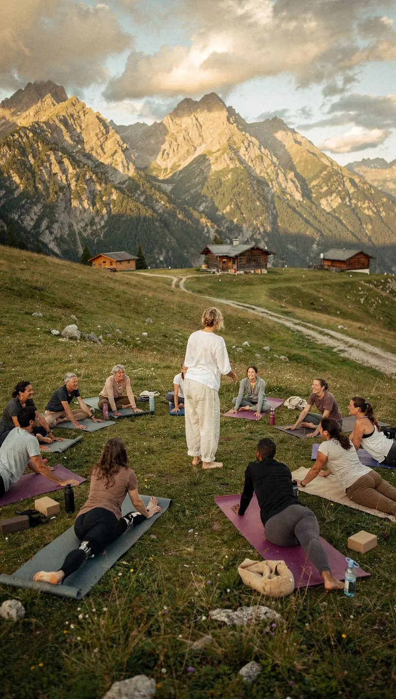 Un instructor guiando a los participantes en técnicas de respiración y meditación en un espacio iluminado.