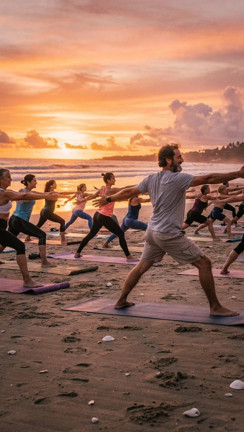 Un instructor guiando a los participantes en técnicas de respiración y meditación en un espacio iluminado.